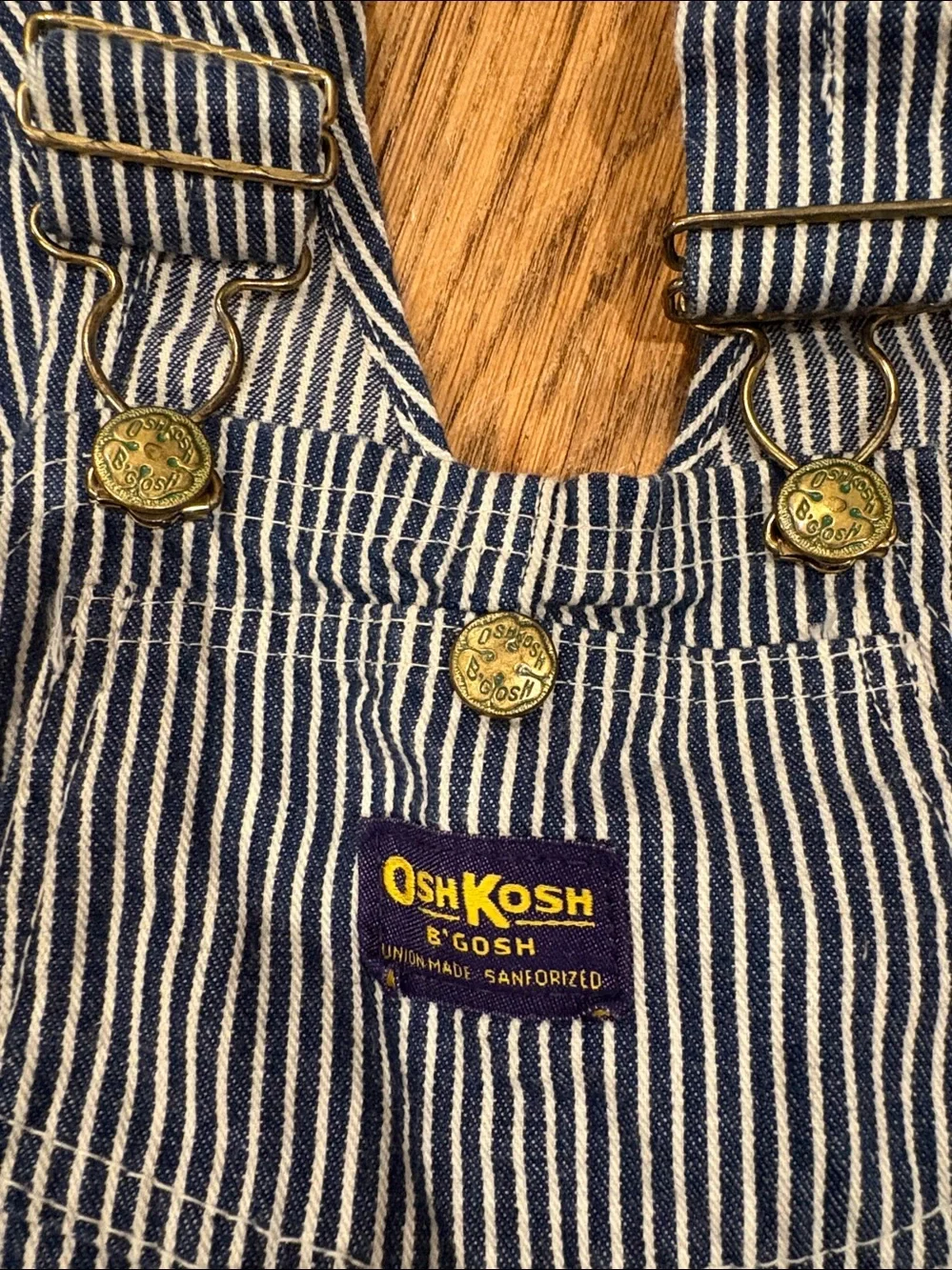 Vintage Union Made OshKosh Striped Overalls green detail view measurements